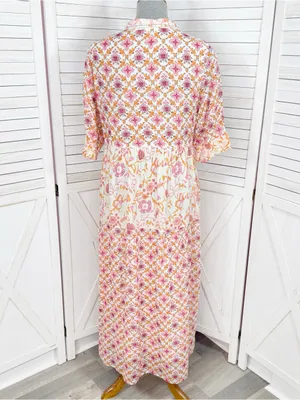 Dolma Kelly Floral Boho Tiered Midi Dress Pink Orange Large Cotton Mosaic thumbnail 5