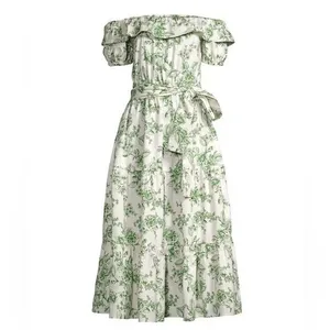 Rachel Parcell Off Shoulder Ruffle Tiered Floral Midi Dress Size 4 Sage‎ Toile thumbnail 15