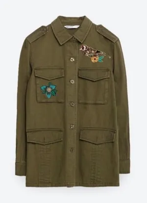 Zara Basic Z1975 Denim Military Utility Jacket Olive Green Embroidered Bird M thumbnail 1