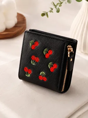 Black Cherry Embroidered Snap Wallet Zip Coin Pocket Retro NWT thumbnail 4