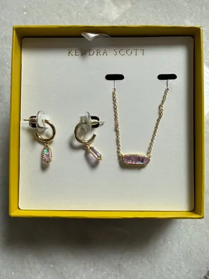 Kendra Scott Eva Pendant Gold Pink Opal Necklace Emma Huggie Earring Set New thumbnail 2