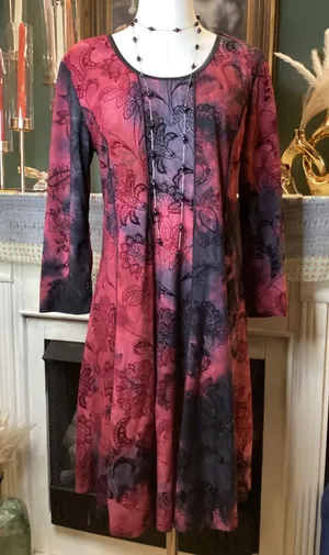 Sami & Jo Red Black Y2K Floral Print Long Sleeve A-Line Dress Large thumbnail 1