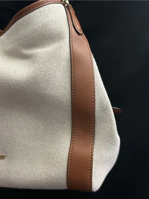Nine West Cream Canvas Shoulder Tote Boho Bag with Brown Trim thumbnail 3