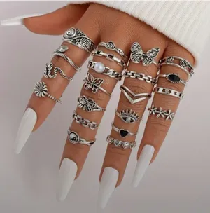 NEW 21pc Boho Ring Set – Retro Silver Stackable Rings, Flower Jewelry, Butterfly thumbnail 3