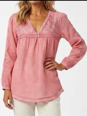 Anthropologie boho babydoll lace blouse top Pink coral SMALL NWOT thumbnail 1