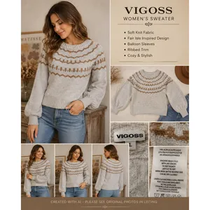 Vigoss Fair Isle Sweater Womens Size Large Gray Balloon Sleeve Crewneck Pullover thumbnail 4