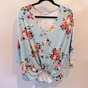 White Birch Medium Dusty‎ Blue Floral Print Long Sleeve Twist Front Top NWOT thumbnail 4