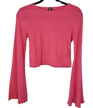 BDG Womens Hot Pink Crop Bell Sleeve Size M Barbiecore Y2K Retro Lettuce Hem NWT thumbnail 1