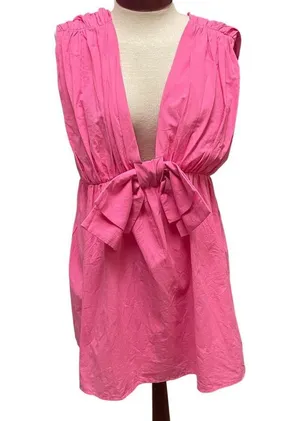 Bucket List Bright Pink V Neck Big Bow Poplin Dress Size Large thumbnail 1