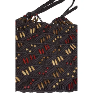 Macrame Purse Tote Bag Womens Medium Brown EUC Beaded Boho‎ Shoulder thumbnail 4