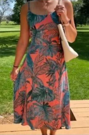 CYNTHIA ROWLEY | Coral Tropical Leaf Print Tie Back Sleeveless‎ Maxi Dress, 2 thumbnail 1