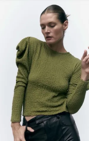 NWT Zara Green Textured puff sleeve Long Sleeve Top thumbnail 1