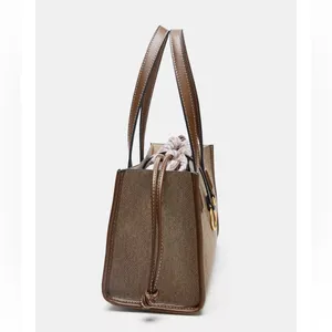 Zara NWT tan brown and taupe woven fabric shopper handbag top handle purse thumbnail 4