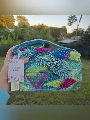 Handcrafted in India Beaded Coastal Coral Reef Shoulder Handbag Purse Teal Aqua thumbnail 3