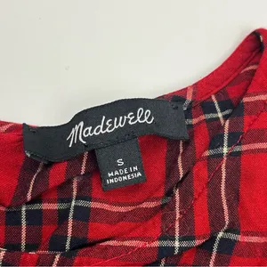 Madewell Red Black Small‎ Tartan Plaid Tiered Button Back Bell Fluted Sleeve Top thumbnail 3