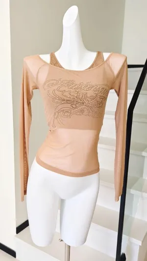 Mesh Long Sleeve Top Rhinestone Letter Graphic thumbnail 1
