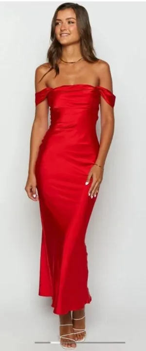 Beginning Boutique Ella Red Satin Maxi Dress Gown Slip Off Shoulder US 10 New thumbnail 1