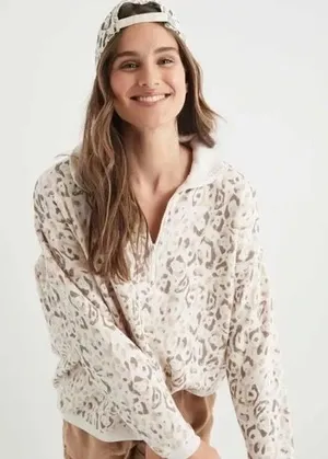 Aerie Cream Leopard Tan Cream Pull Over 1/4 Zip Sweatshirt Oversized-Medium thumbnail 1