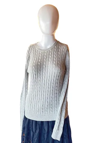 Lauren Ralph Lauren Metallic Cable Knit Sweater Women’s Medium Silver Silk Blend thumbnail 1