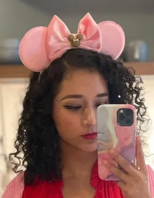 Pink Velvet Minnie Mouse inspired ears with brown charm thumbnail 1