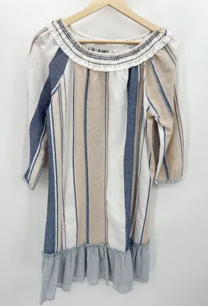 Mystree Womens Dress Khaki Blue Striped Boho Cottagecore Cotton Peasant Size S‎ thumbnail 1