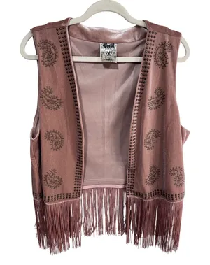 Vocal Women's XL Pink‎ Vest Faux Suede Studded Fringe Western Boho Cowgirl thumbnail 1