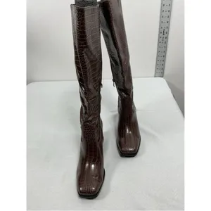 Womans Suedi Knee High Boots Brown Croc Faux Leather 8.5 Blk Heel 1/2 Zip NWOT thumbnail 4