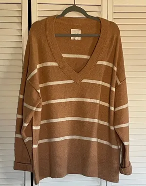 Aerie Brown and Cream Striped V-Neck Sweater thumbnail 1