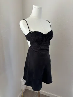 Little Lie Black Satin jacquard lace-trim mini slip dress (S) thumbnail 2