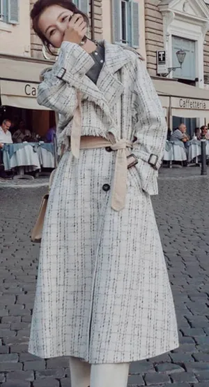Aritzia Tweed plaid trenchcoat jacket cream thumbnail 1