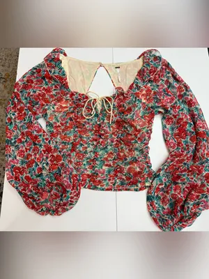 Free People Red Floral Square-Neck Ruffle Blouse size XS thumbnail 9
