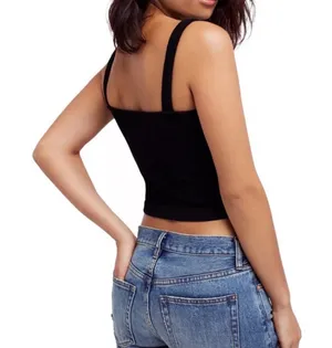Free People Black V-Neck Ribbed Cropped Knit Tank Top thumbnail 2