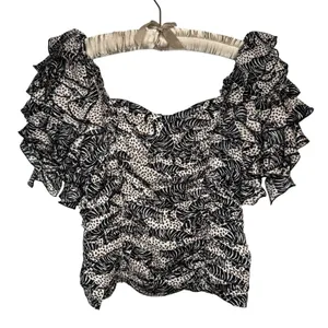 ZARA Blouse Small Tiger Animal‎ Print Ruffle Square Neck Ruched Statement RARE thumbnail 1