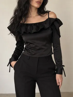 Osman Yousefzada Black Ruffle Cold Shoulder Satin Top Size 2 Whimsigoth Y2K thumbnail 1