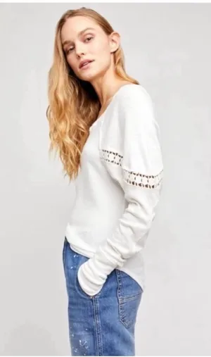 Free People White Luella Textured Thermal Top long sleeve eyelet peasant boho S thumbnail 1