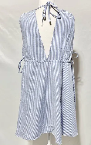 New ASOS Seersucker Plunge V-Neck Tie Waist Mini Sundress Blue White Size 4 thumbnail 13