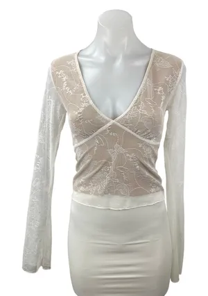 I.AM.GIA Yvette White Beige Floral Lace Layered Long Sleeve V Neck Blouse Top S thumbnail 1