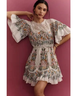 Farm Rio Sweet Bloom Dress Small Mini Bouquet Short Sleeve Eyelet Lace Garden thumbnail 2