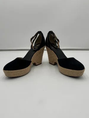 Sam Edelman Black Suede Espadrille Wedge Heels Size 8 Ankle Strap Platform thumbnail 3