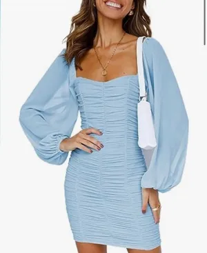 Hello Molly ruched front dress‎ puff sheer sleeves light blue size 4 thumbnail 1
