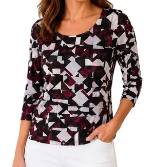 Alfani Geometric Artsy Print Medium Top Burgundy Black & White Flattering‎ thumbnail 1