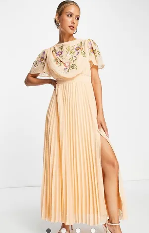 ASOS Women’s Floral Embroidered Cowl Neck Swiss Dot Pleated Maxi Dress Slit 8T thumbnail 1