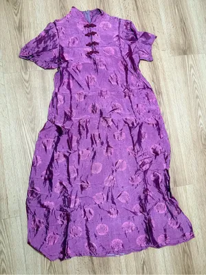 Vintage Cheongsam Qipao Maxi Dress Purple Floral Medallion Frog Button M thumbnail 1