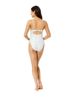 NWT California Waves Ditsy Wide Rib Tunneled One-Piece Swimsuit Blue Combo M thumbnail 5