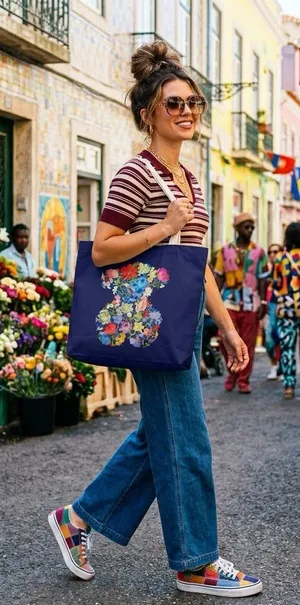 Floral Bear Navy Tote Bag with Wrist Pouch thumbnail 1