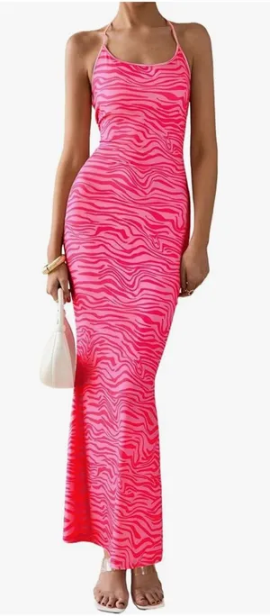 PRETTYGARDEN Fitted Pink Zebra-Print Maxi Dress Size Medium NWT thumbnail 1