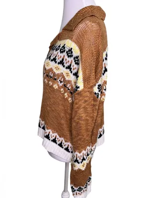 Angie NWT Collared Fair Isle Cropped Knit Sweater Mustard Brown Boho Medium thumbnail 4