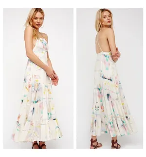 Free People Sounds Of Spring Maxi Dress Size 6 Ivory Watercolor Bib Overall thumbnail 2