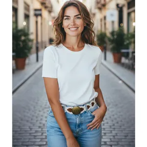 Classic White /brown Women's belt with heart shaped design and brass like buckle thumbnail 2