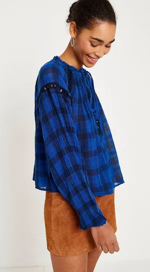 Free People Honey Grove Blue Checked Top thumbnail 3